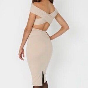 American Apparel Off Shoulder Cross Back Midi Dress Beige Sz. M